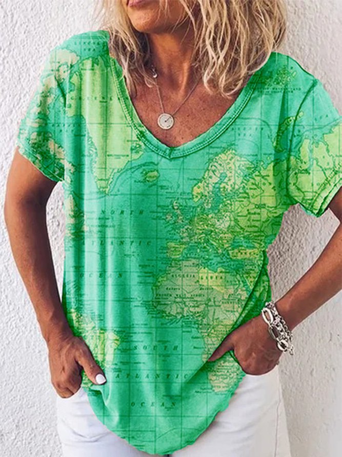 Map Print Greta  V-Neck Everyday Top