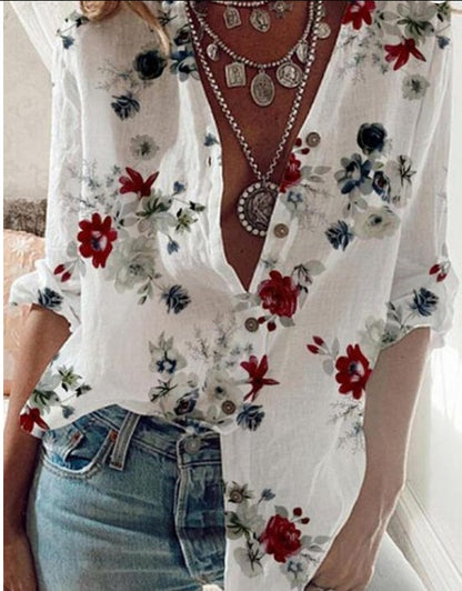 Floral V-Neck Loose Blouse by Greta 