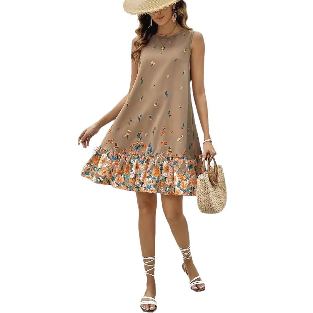 Floral Sleeveless Khaki Dress by Greta 
