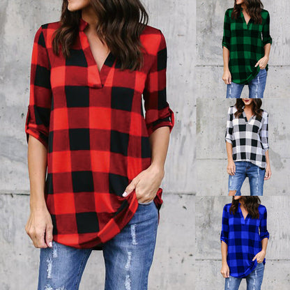 Plaid V-Neck Loose Blouse by Greta 