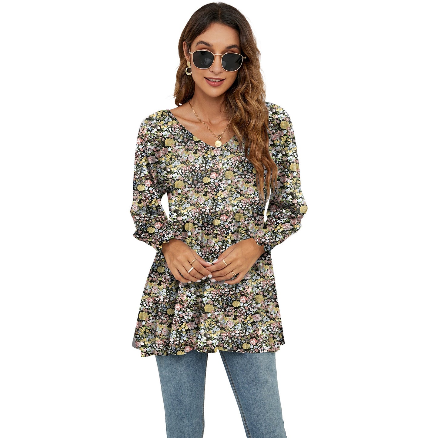 Floral Puff Sleeve V-Neck Top by Greta 
