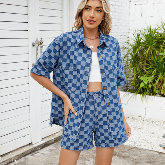 Trendy Greta  Geometric Denim Short Set