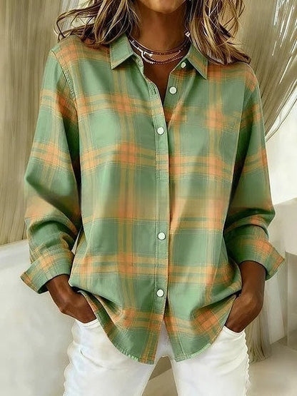 Plaid Colorblock Greta  Long Sleeve Blouse