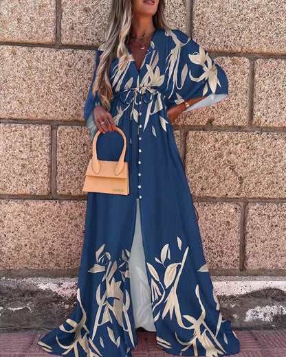 Vibrant V-Neck Lace-Up Maxi Dress by Greta 