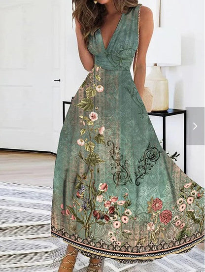 Floral V-Neck High Waist Dress by Greta 