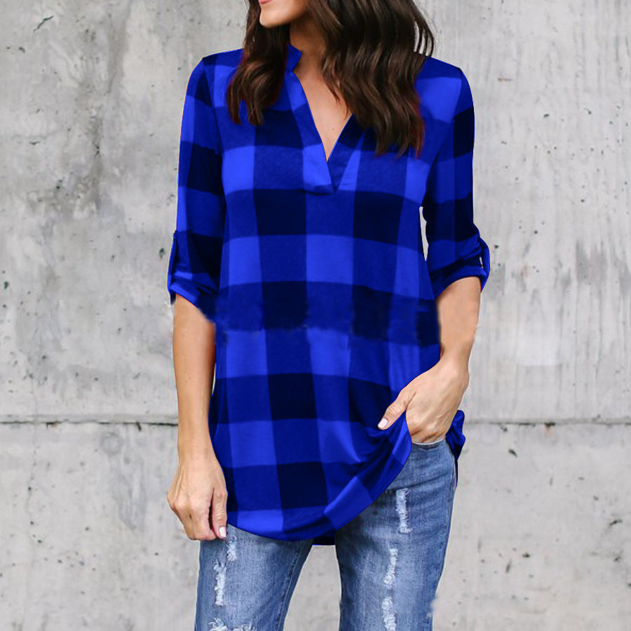 Plaid V-Neck Loose Blouse by Greta 