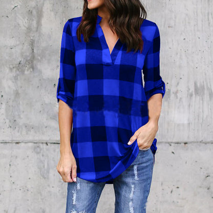 Plaid V-Neck Loose Blouse by Greta 