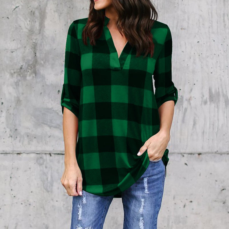 Plaid V-Neck Loose Blouse by Greta 