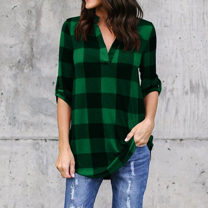 Plaid V-Neck Loose Blouse by Greta 
