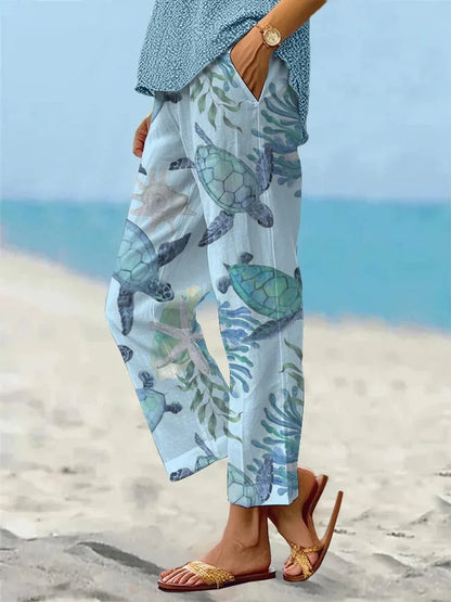 Sea Turtle Print Greta  Cropped Pants