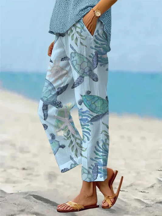 Sea Turtle Print Greta  Cropped Pants