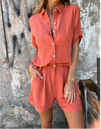 Chic Linen Blend Greta  Mid-Sleeve Shirt Set