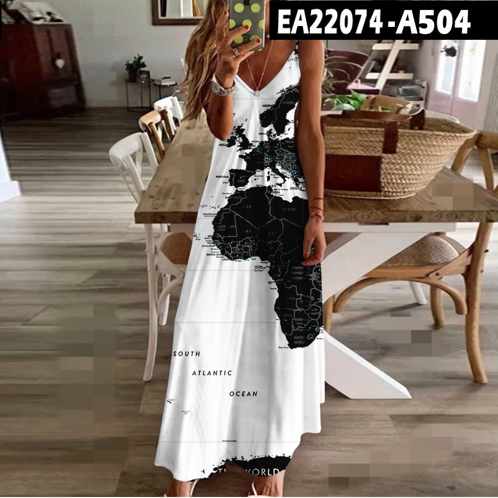 Chic Map Print Greta  High Waist Maxi Dress