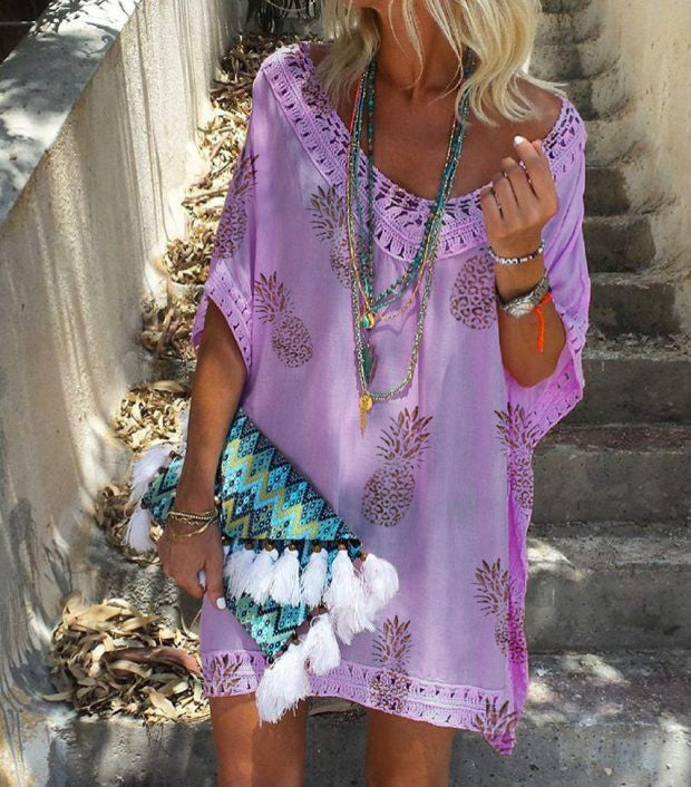 Chic Lace Print Dress Greta  Summer V-Neck