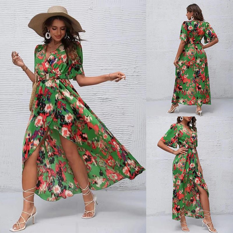 Vibrant Asymmetric V-Neck Dress by Greta 