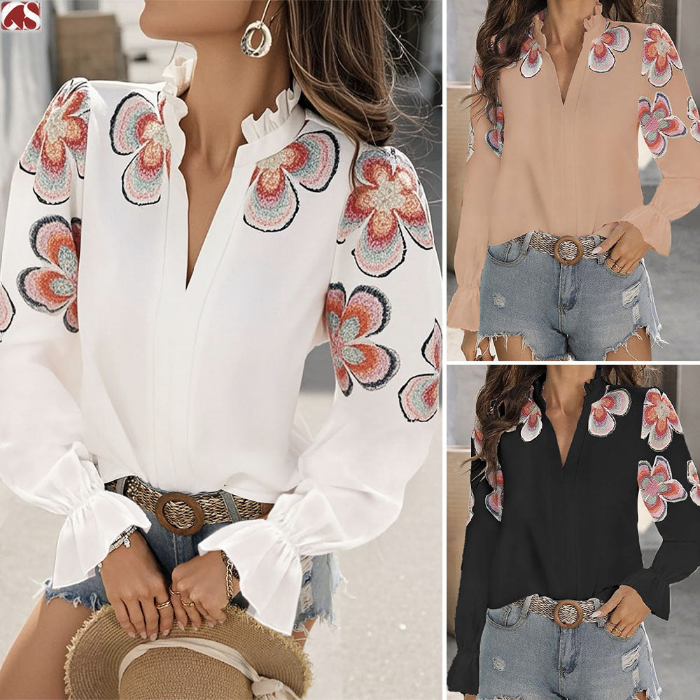 Chic V-Neck Ruffle Blouse by Greta 