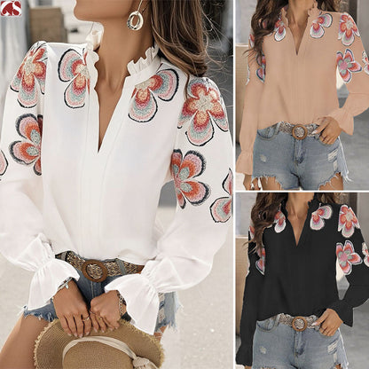 Chic V-Neck Ruffle Blouse by Greta 