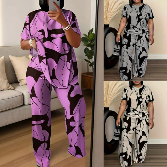 Plus Size Abstract Print Comfy Two-Piece Lounge Set by Greta
