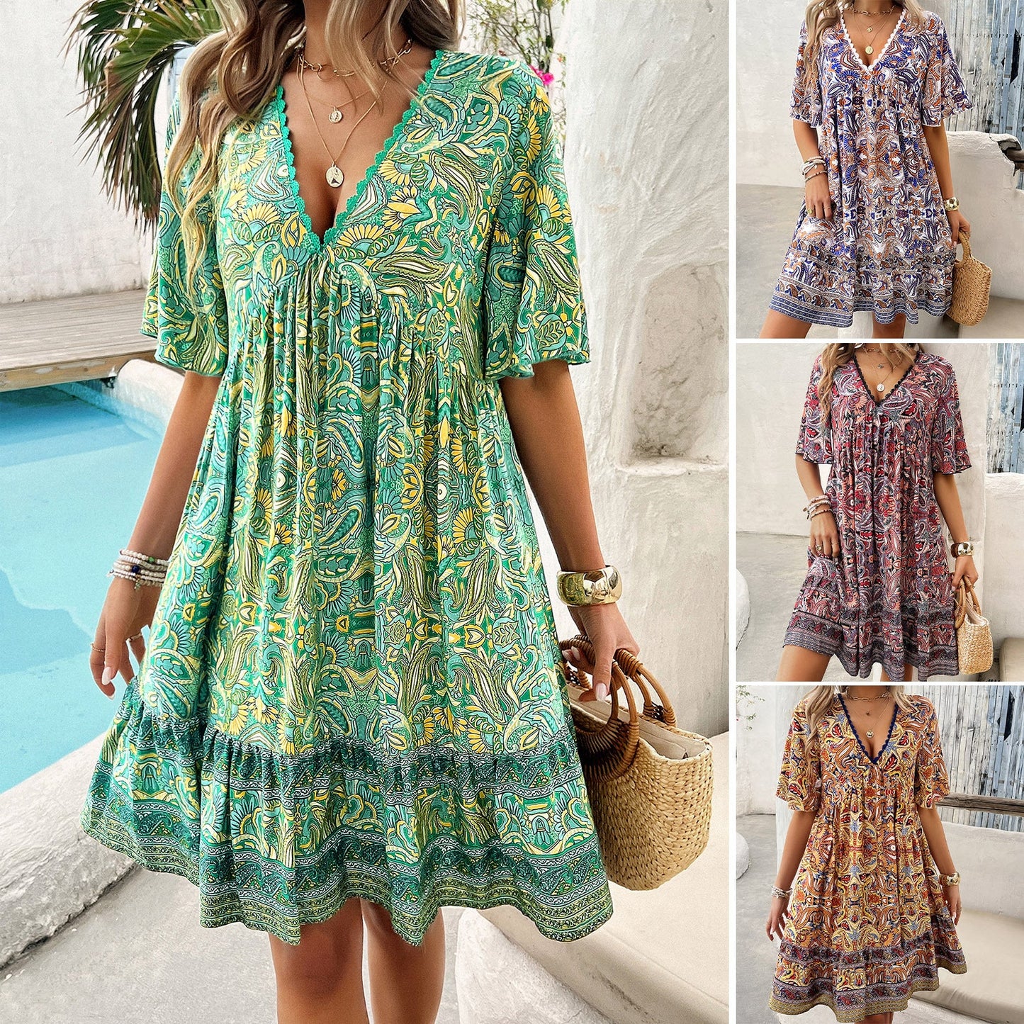 Boho Printed V-Neck Dress by Greta 
