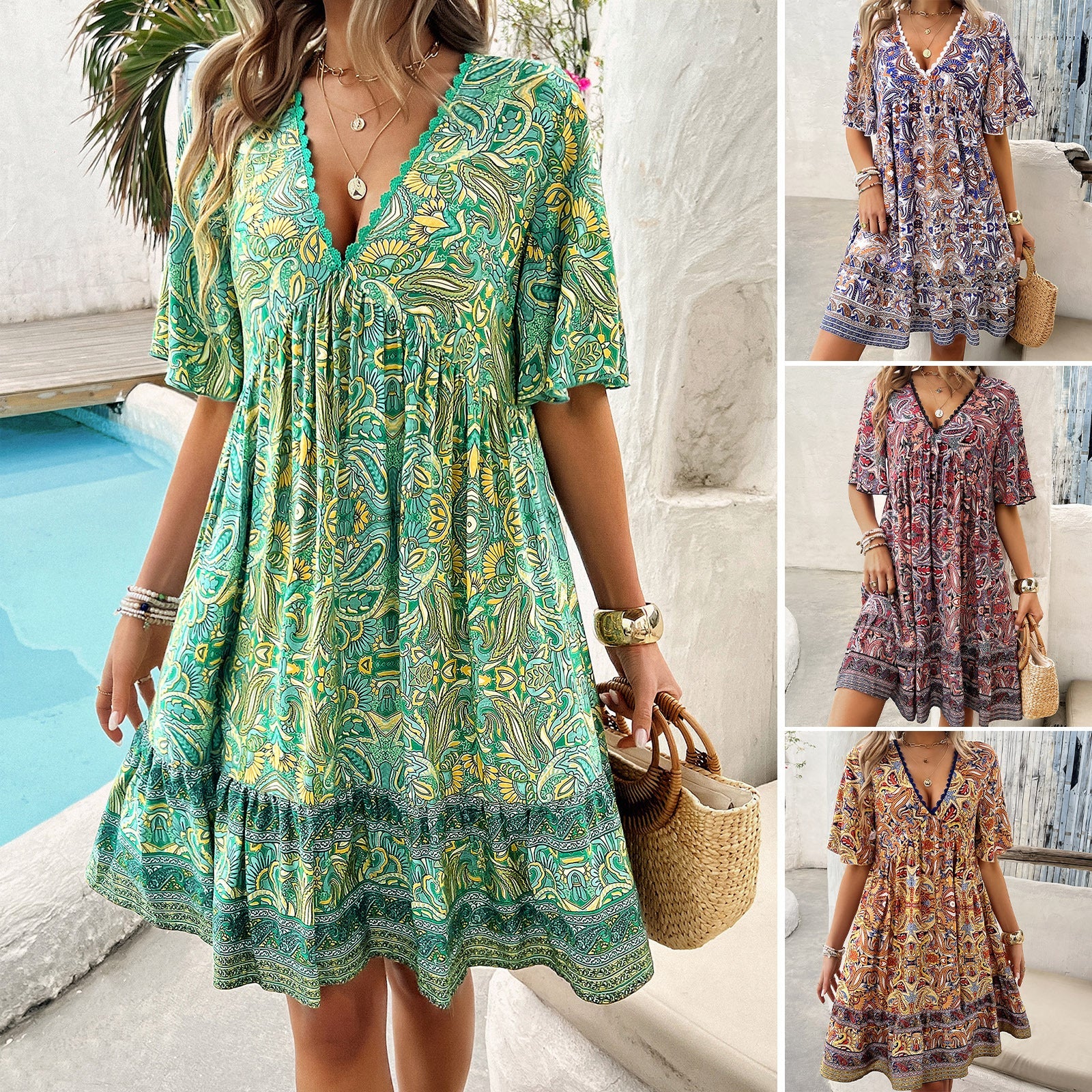 Boho Printed V-Neck Dress by Greta 