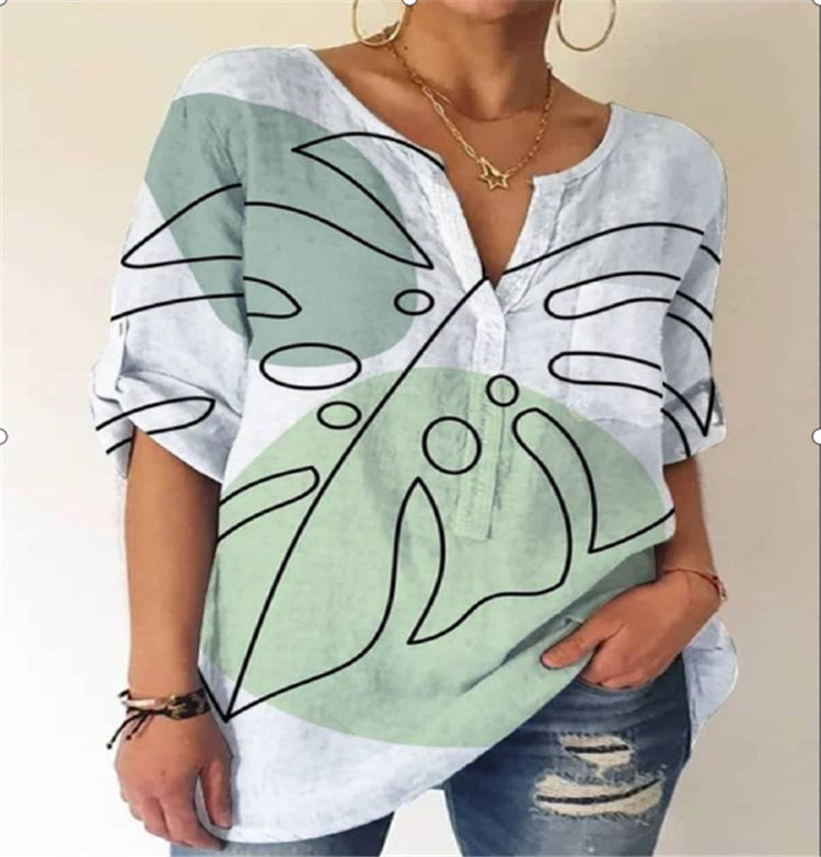Printed V-Neck Cotton Blouse by Greta 