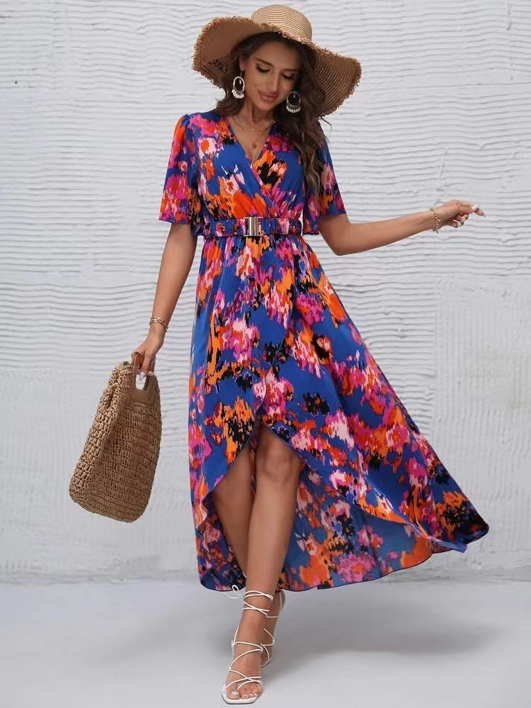 Vibrant Asymmetric V-Neck Dress by Greta 