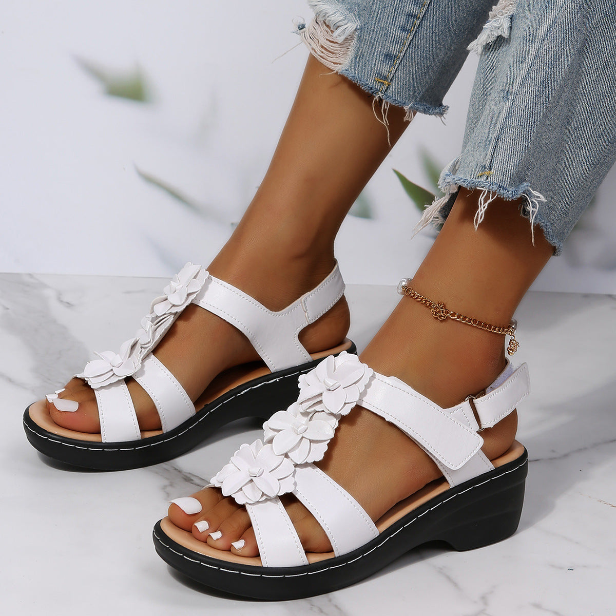 Floral Velcro Wedge Sandals by Greta 