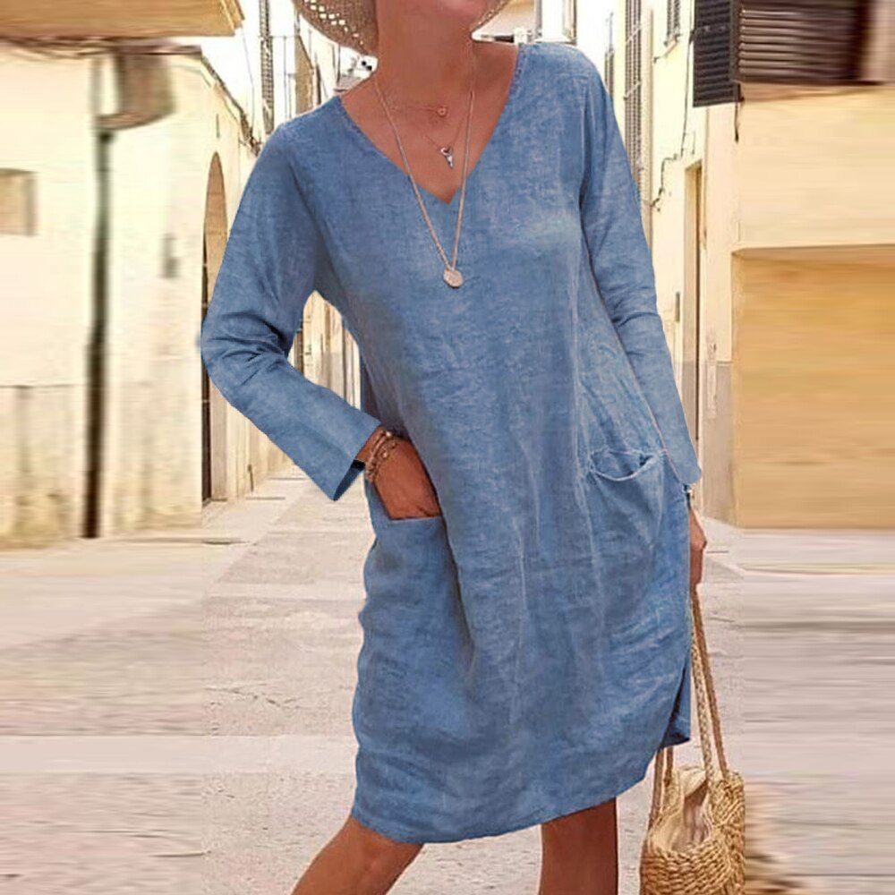 Elegant Cotton Linen V-Neck Dress by Greta 