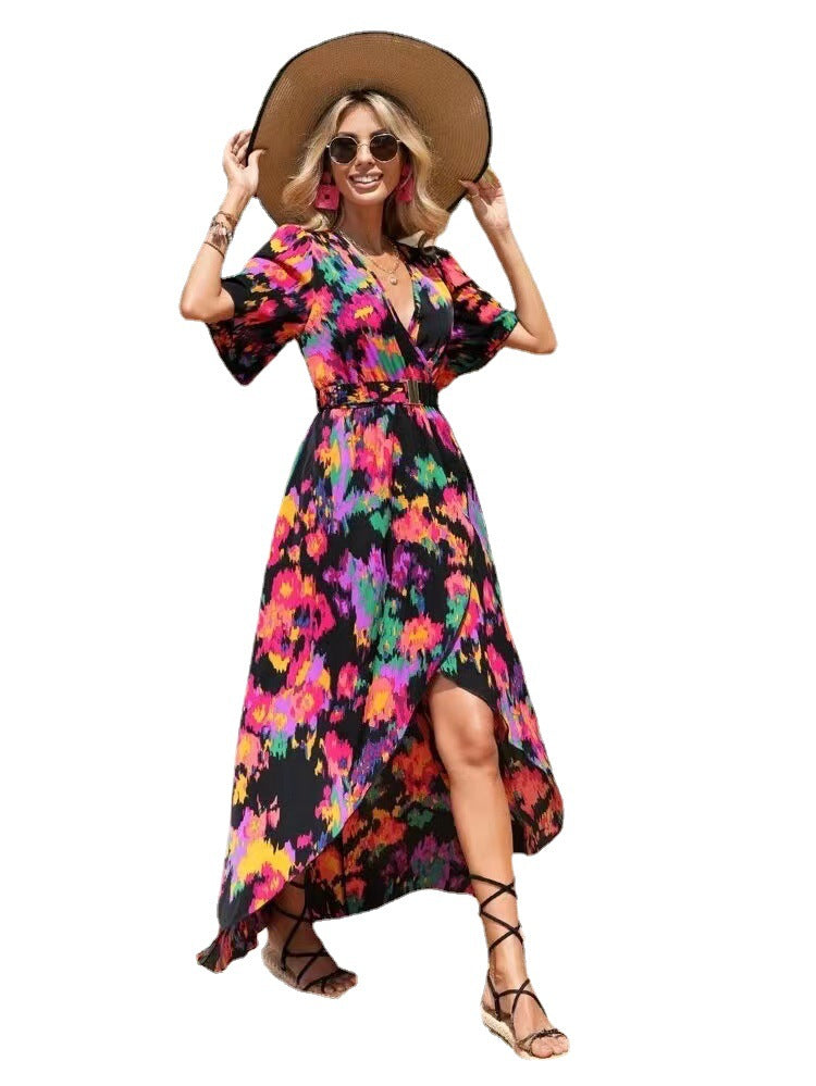 Vibrant Asymmetric V-Neck Dress by Greta 