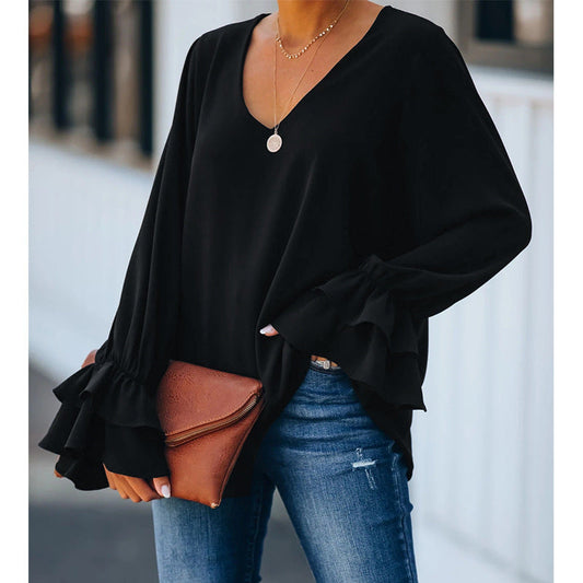 Elegant V-Neck Ruffle Sleeve Top by Greta 