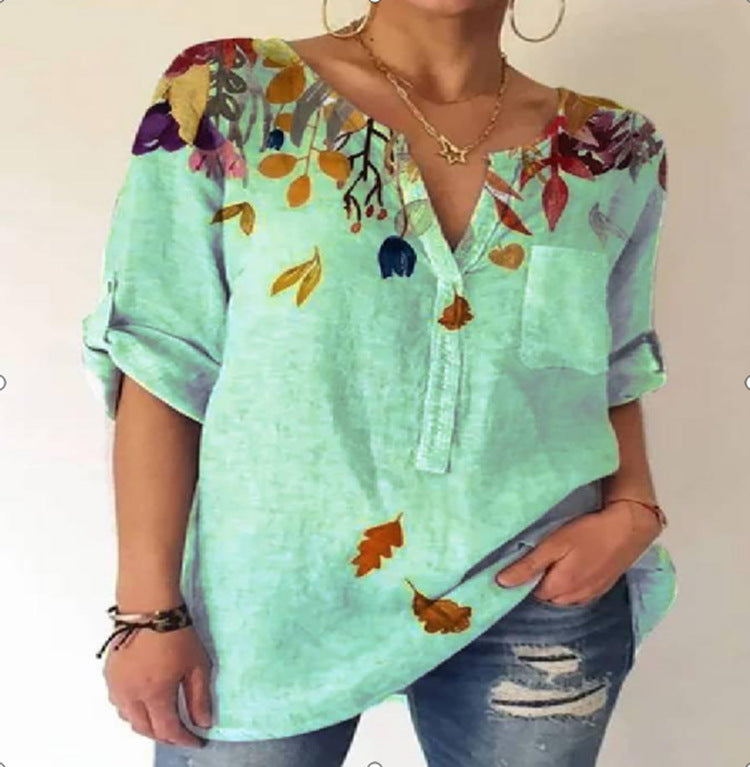 Printed V-Neck Cotton Blouse by Greta 