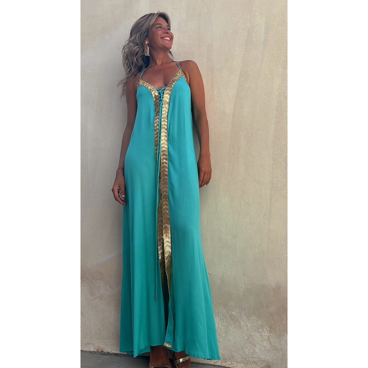 Elegant Lace-Up Halterneck Dress by Greta 