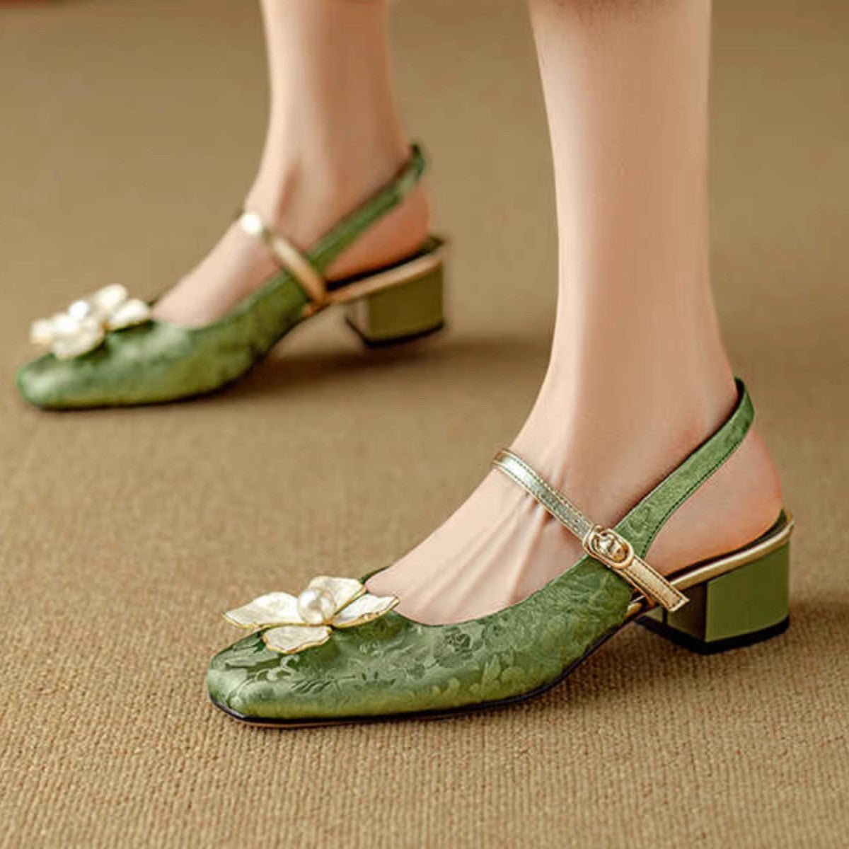 Vintage Floral Greta  Square Toe Heels