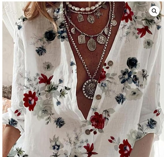 Floral V-Neck Loose Blouse by Greta 
