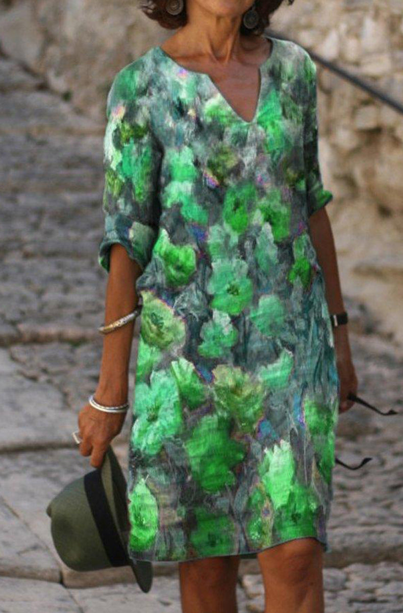Vibrant Printed V-Neck Dress by Greta 