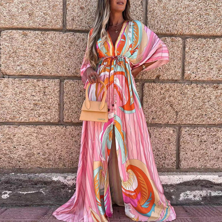 Vibrant V-Neck Lace-Up Maxi Dress by Greta 