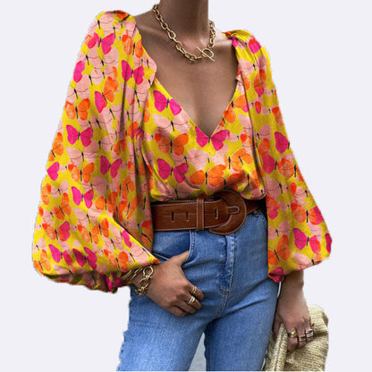 Retro Butterfly V-Neck Blouse by Greta 