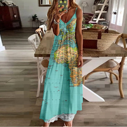 Chic Map Print Greta  High Waist Maxi Dress