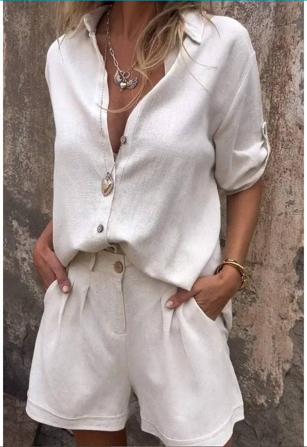 Chic Linen Blend Greta  Mid-Sleeve Shirt Set