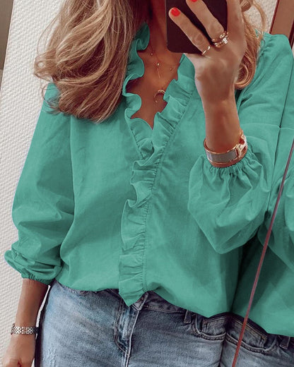 Chic Ruffled Long Sleeve Blouse by Greta 