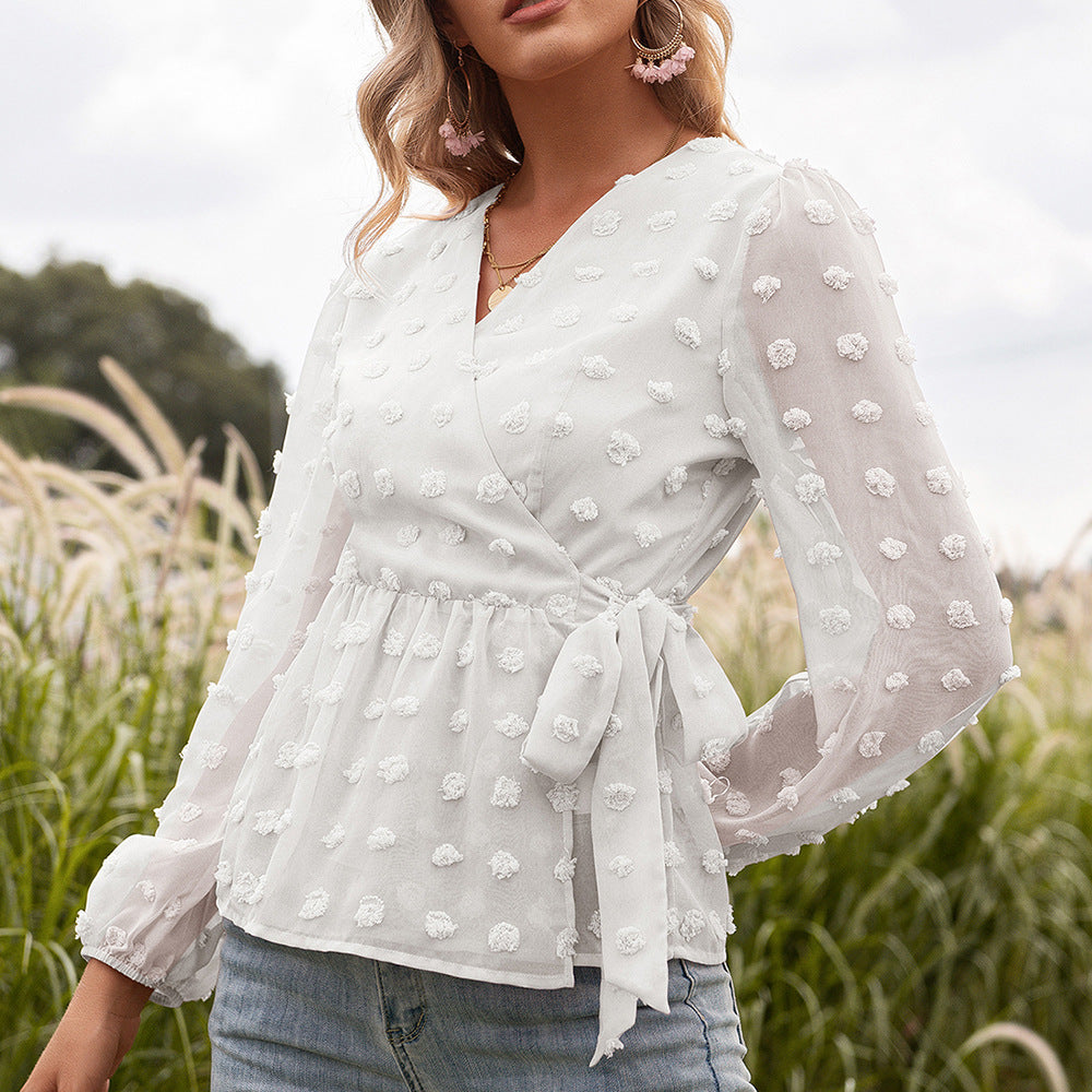 Elegant Jacquard V-Neck Blouse by Greta 