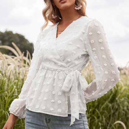 Elegant Jacquard V-Neck Blouse by Greta 