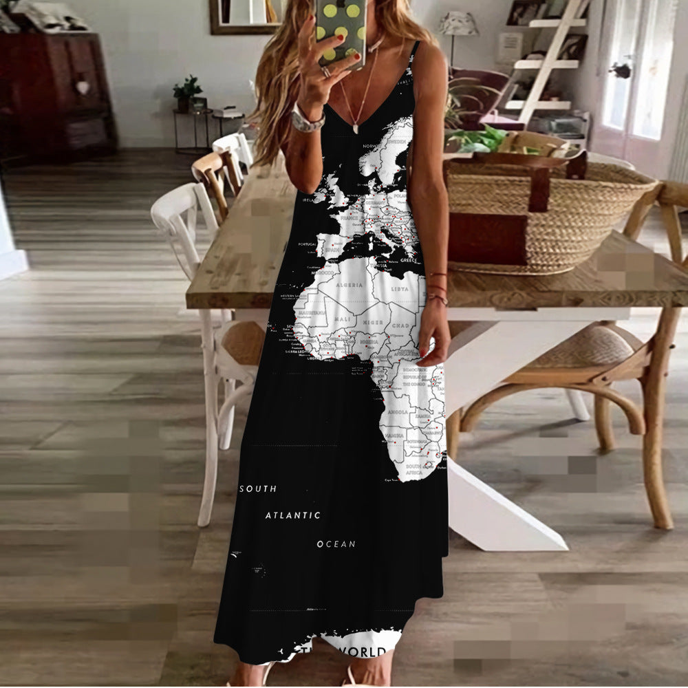 Chic Map Print Greta  High Waist Maxi Dress