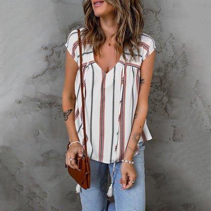 Striped V-Neck Chiffon Blouse by Greta 