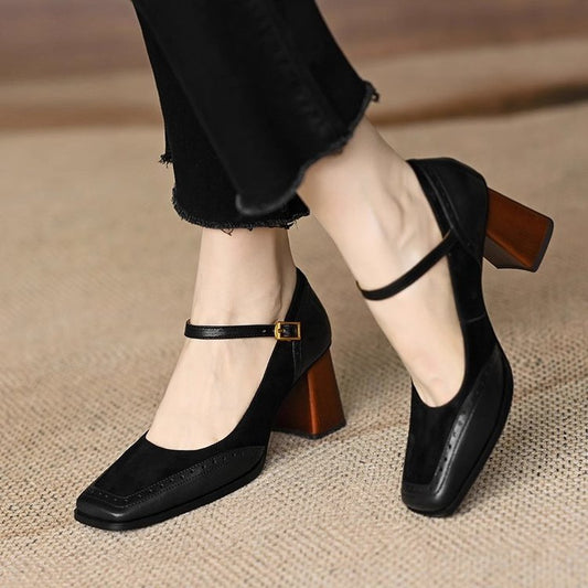 Elegant Greta  Square Toe Chunky Heels
