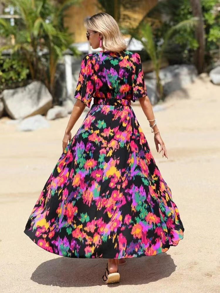 Vibrant Asymmetric V-Neck Dress by Greta 