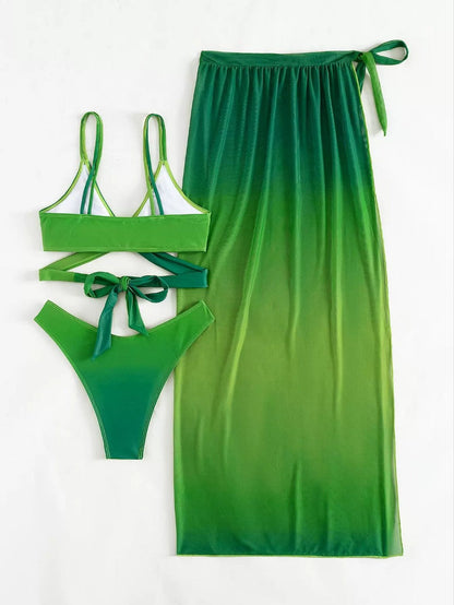 Green Gradient Greta  Bikini Three-Piece Set
