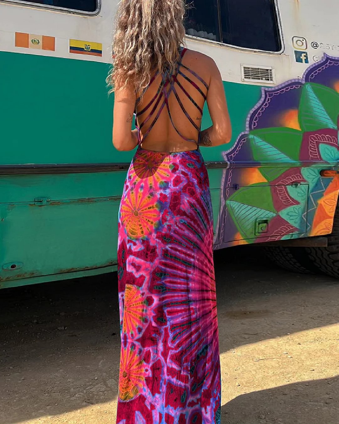 Vibrant Geometric Greta  Backless Maxi Dress