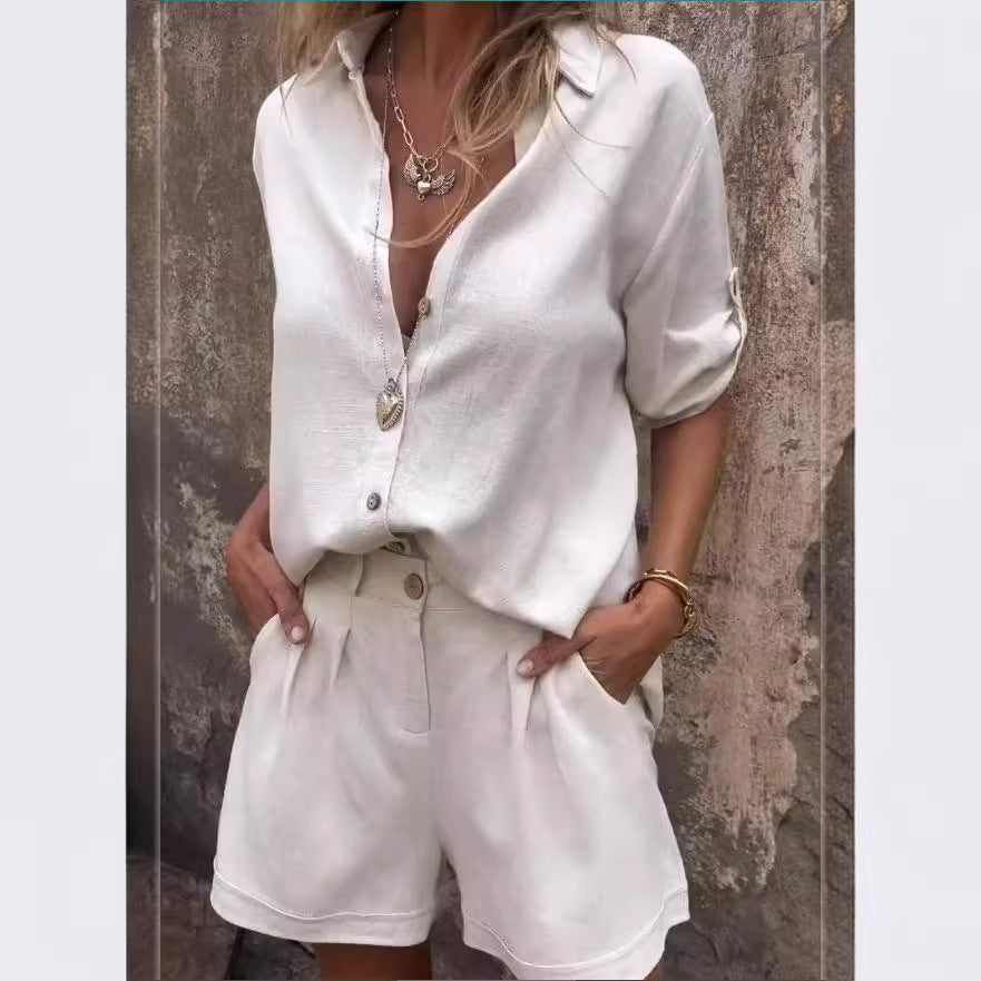 Chic Linen Blend Greta  Mid-Sleeve Shirt Set