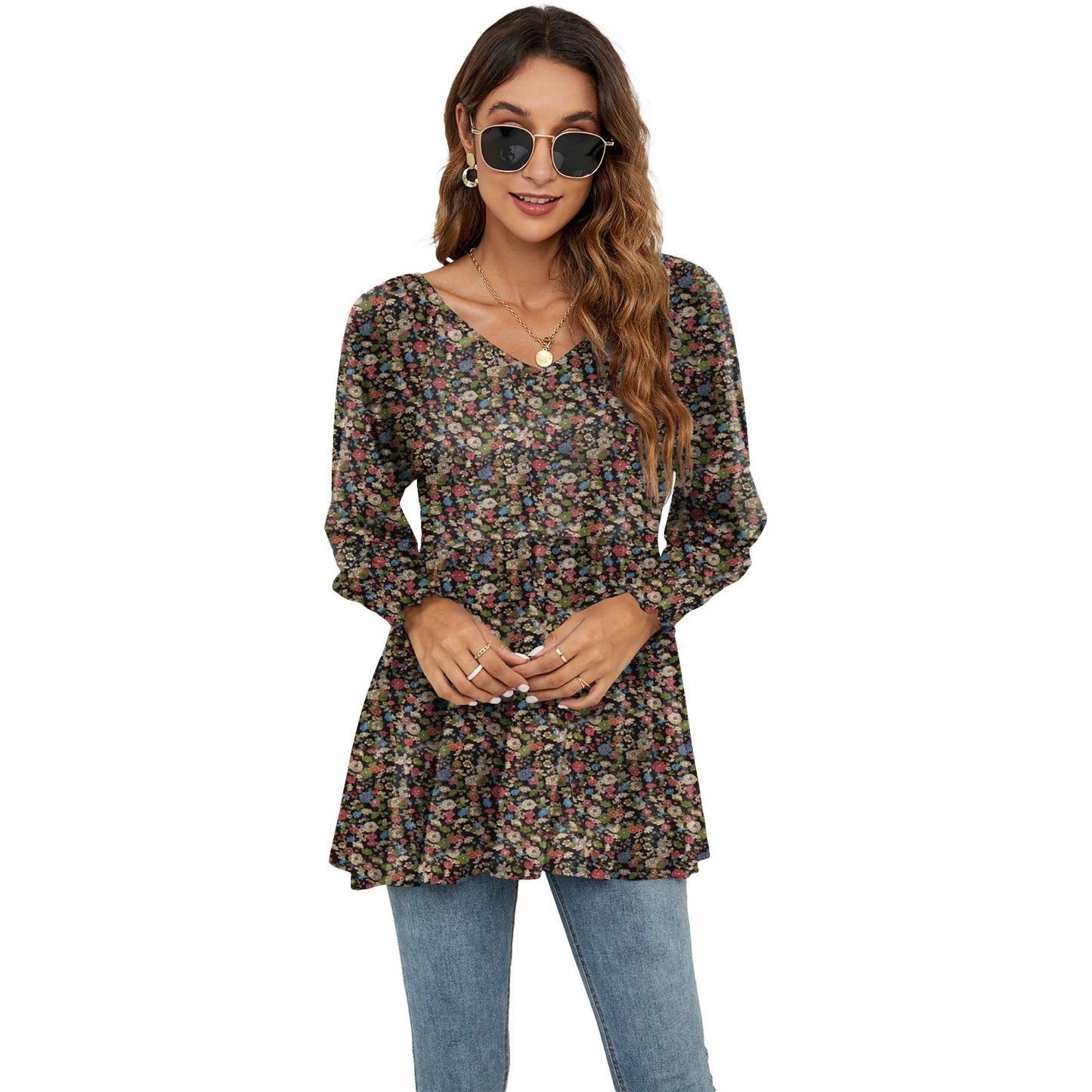 Floral Puff Sleeve V-Neck Top by Greta 